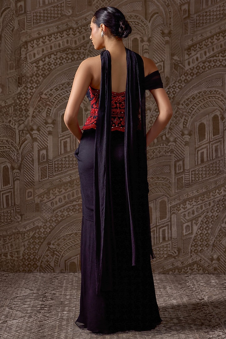Black Chiffon Embroidered Draped Skirt Reception Saree Set by Ridhi Mehra at Pernia's Pop Up Shop