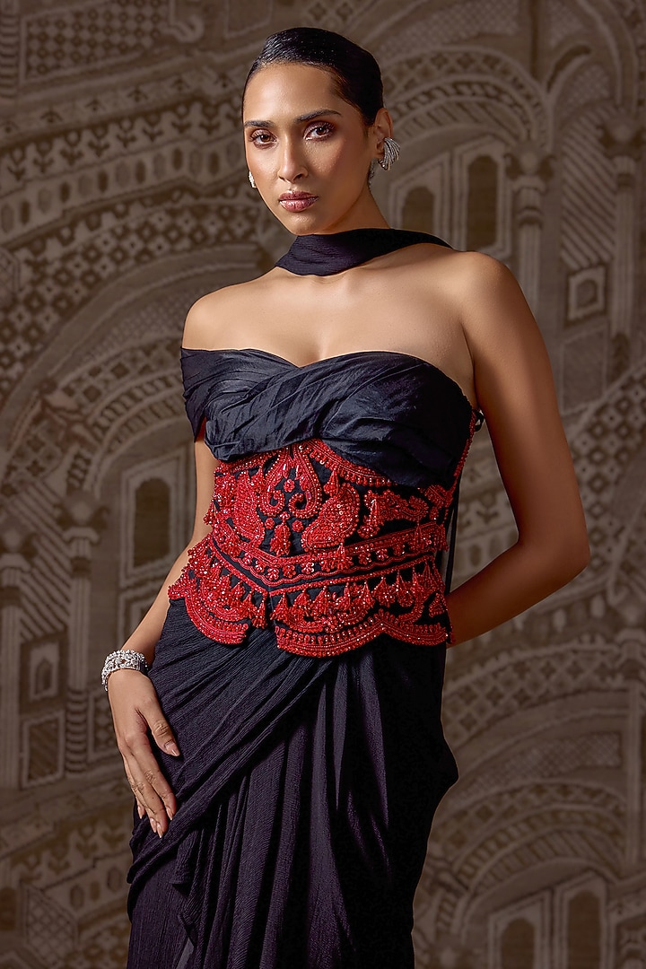 Black Chiffon Embroidered Draped Skirt Reception Saree Set by Ridhi Mehra at Pernia's Pop Up Shop