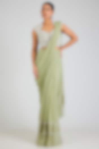 Mint Green Chiffon Embroidered Pre-Draped Reception Saree Set by Ridhi Mehra at Pernia's Pop Up Shop