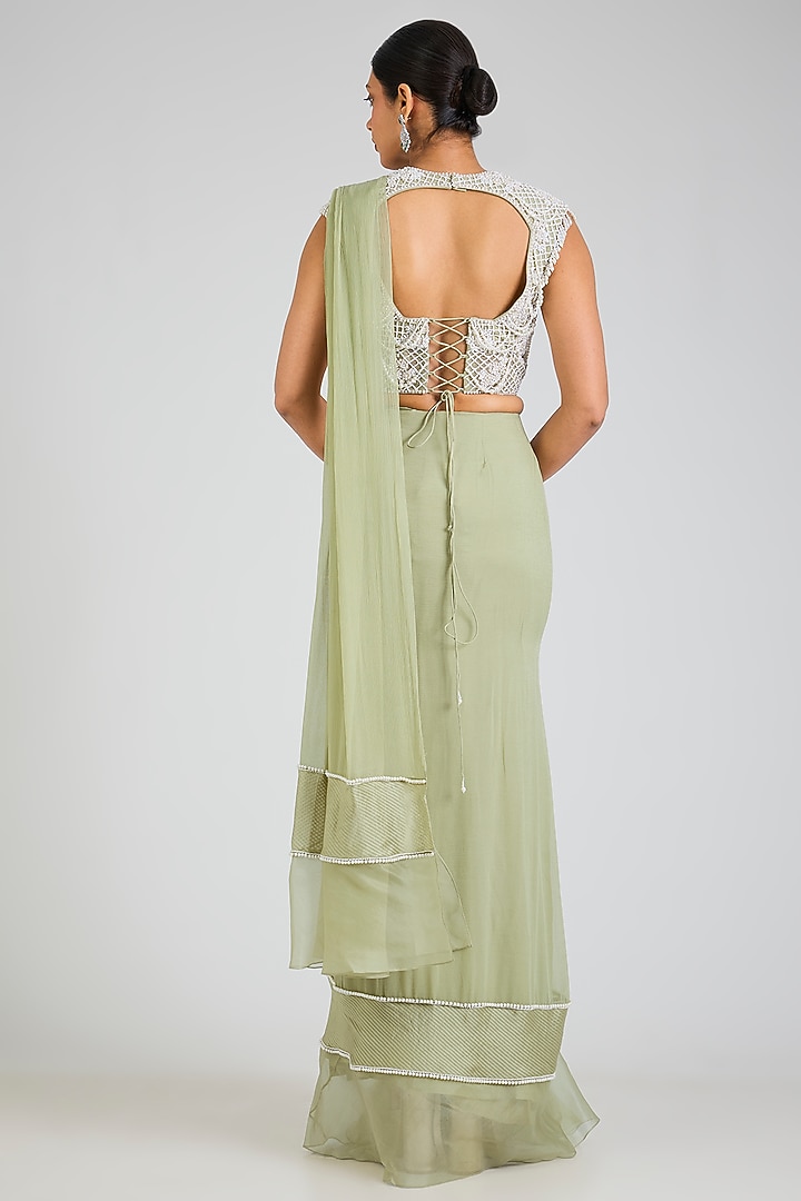 Mint Green Chiffon Embroidered Pre-Draped Reception Saree Set by Ridhi Mehra at Pernia's Pop Up Shop