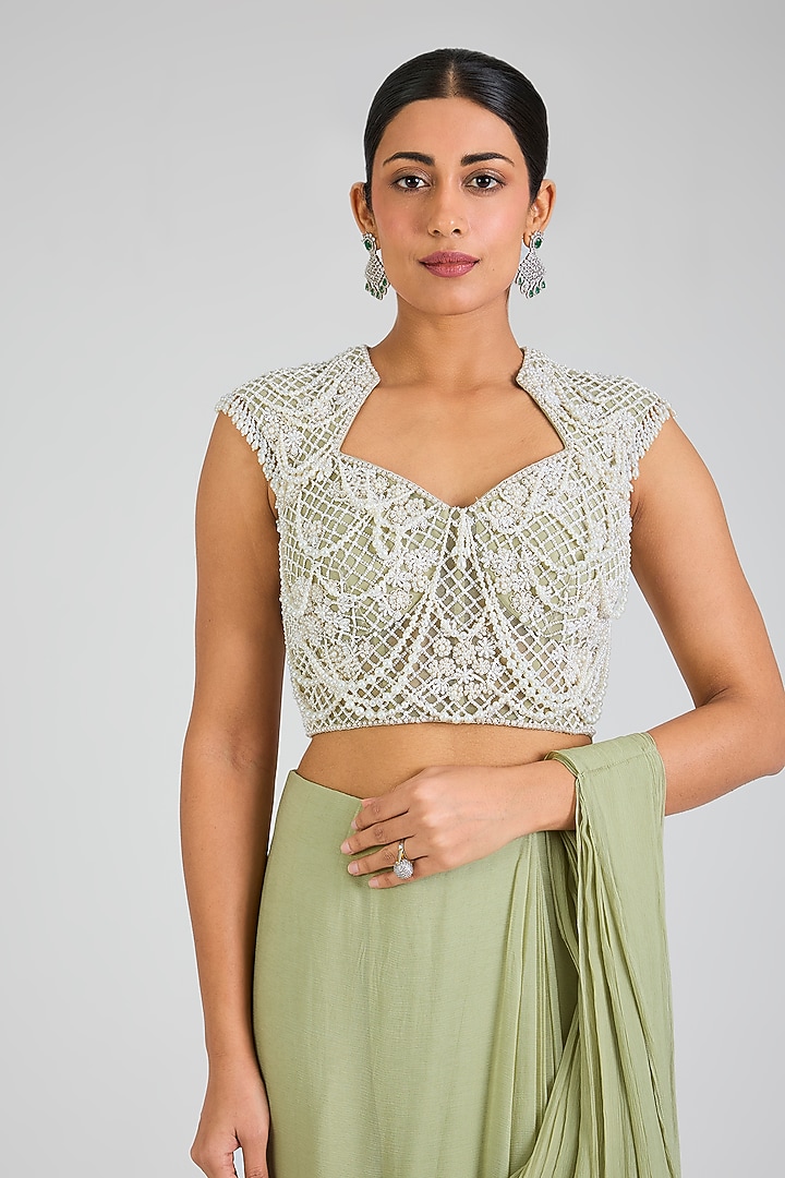 Mint Green Chiffon Embroidered Pre-Draped Reception Saree Set by Ridhi Mehra at Pernia's Pop Up Shop