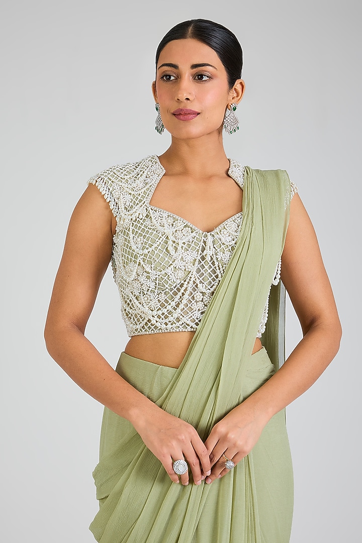 Mint Green Chiffon Embroidered Pre-Draped Reception Saree Set by Ridhi Mehra at Pernia's Pop Up Shop