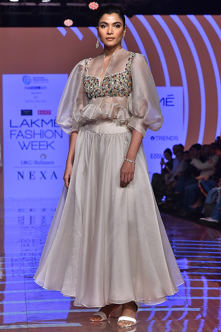 Ivory Shirt With Midi Skirt & Jeweled Bustier Design by Ridhi Mehra at ...