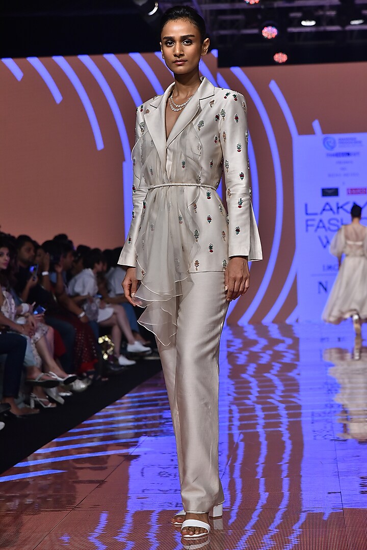 Ivory Ruffled Blazer With Pants & Belt by Ridhi Mehra