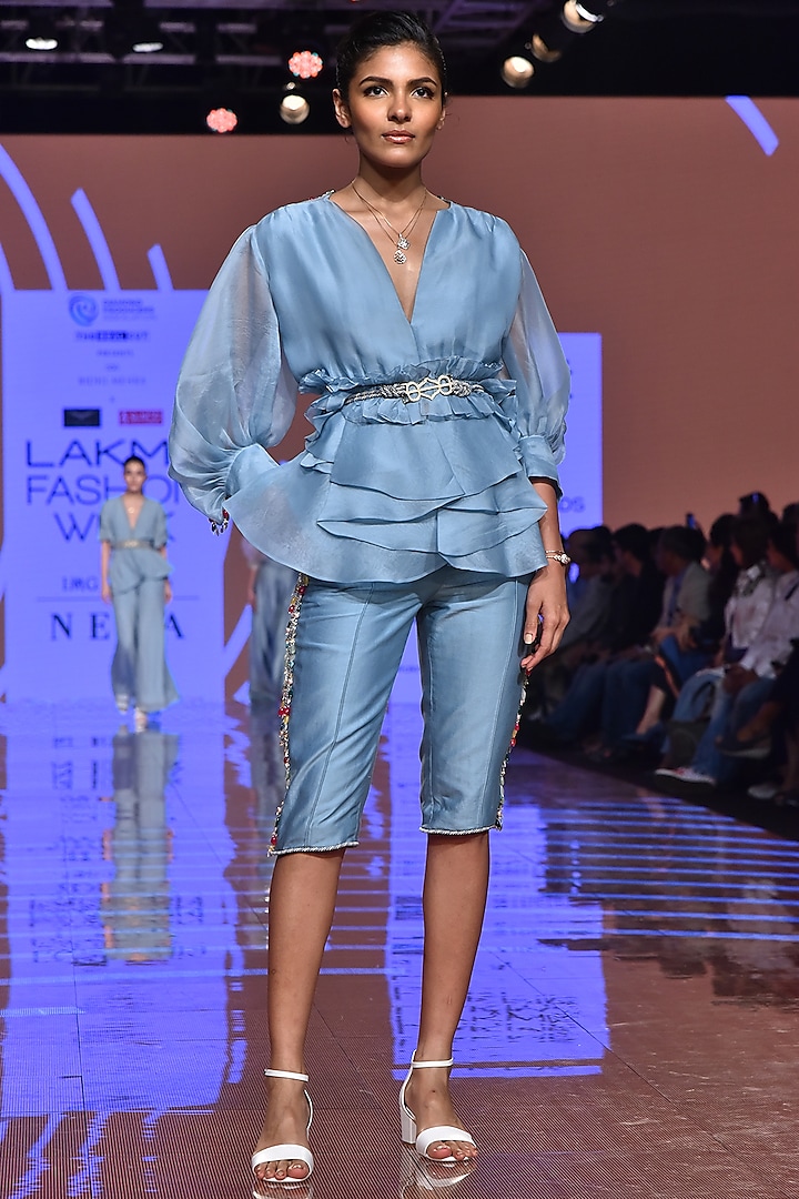 Powder Blue Embroidered Shirt With Shorts & Belt by Ridhi Mehra