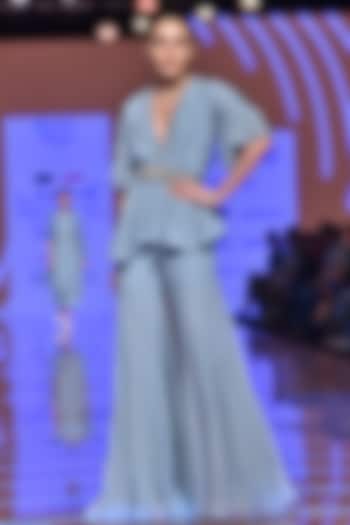 Powder Blue Printed Shirt With Gharara & Belt by Ridhi Mehra at Pernia's Pop Up Shop