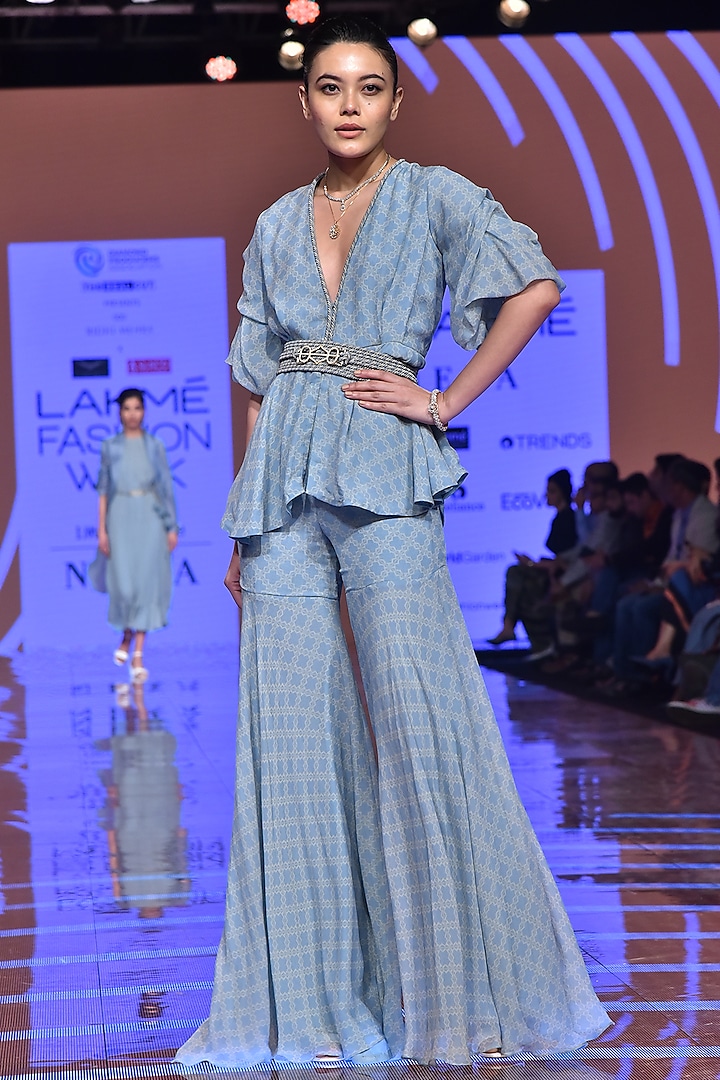 Powder Blue Printed Shirt With Gharara & Belt by Ridhi Mehra at Pernia's Pop Up Shop