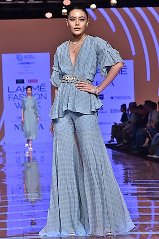 Powder Blue Printed Shirt With Gharara & Belt by Ridhi Mehra