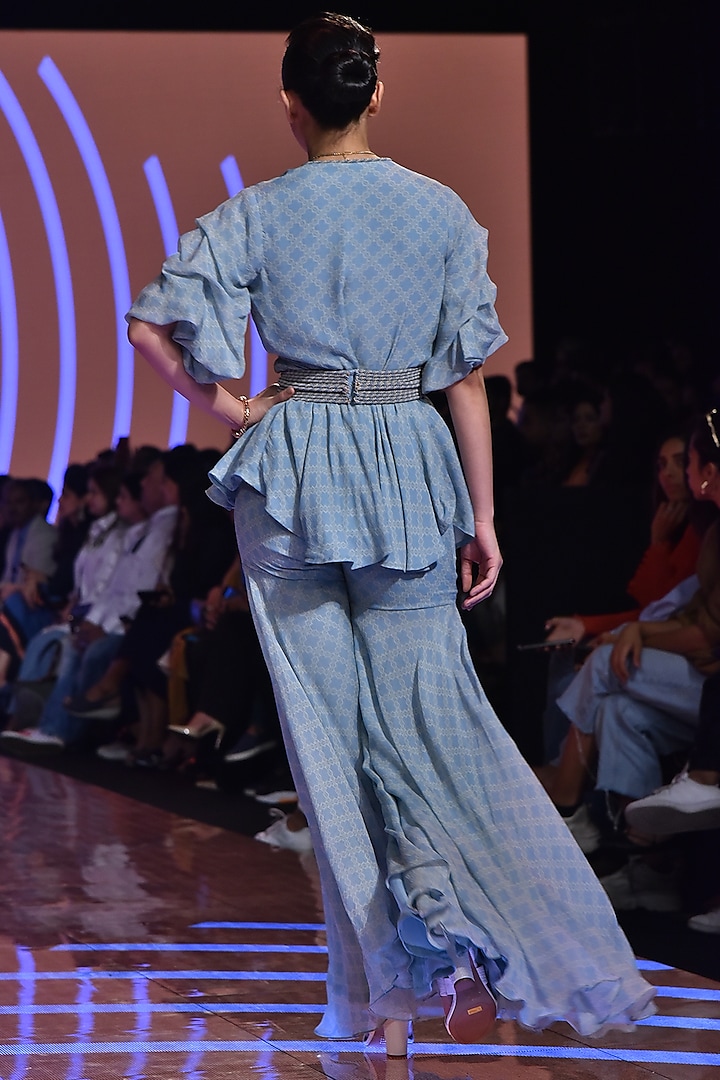Powder Blue Printed Shirt With Gharara & Belt by Ridhi Mehra at Pernia's Pop Up Shop