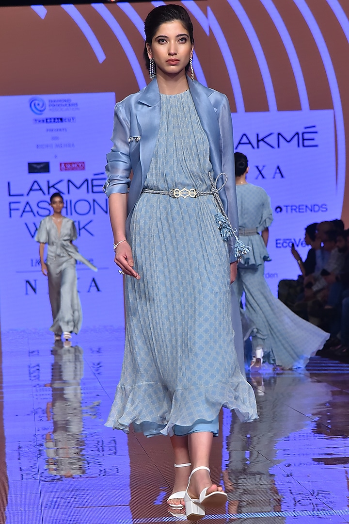 Powder Blue Printed Dress With Trench Coat & Belt by Ridhi Mehra