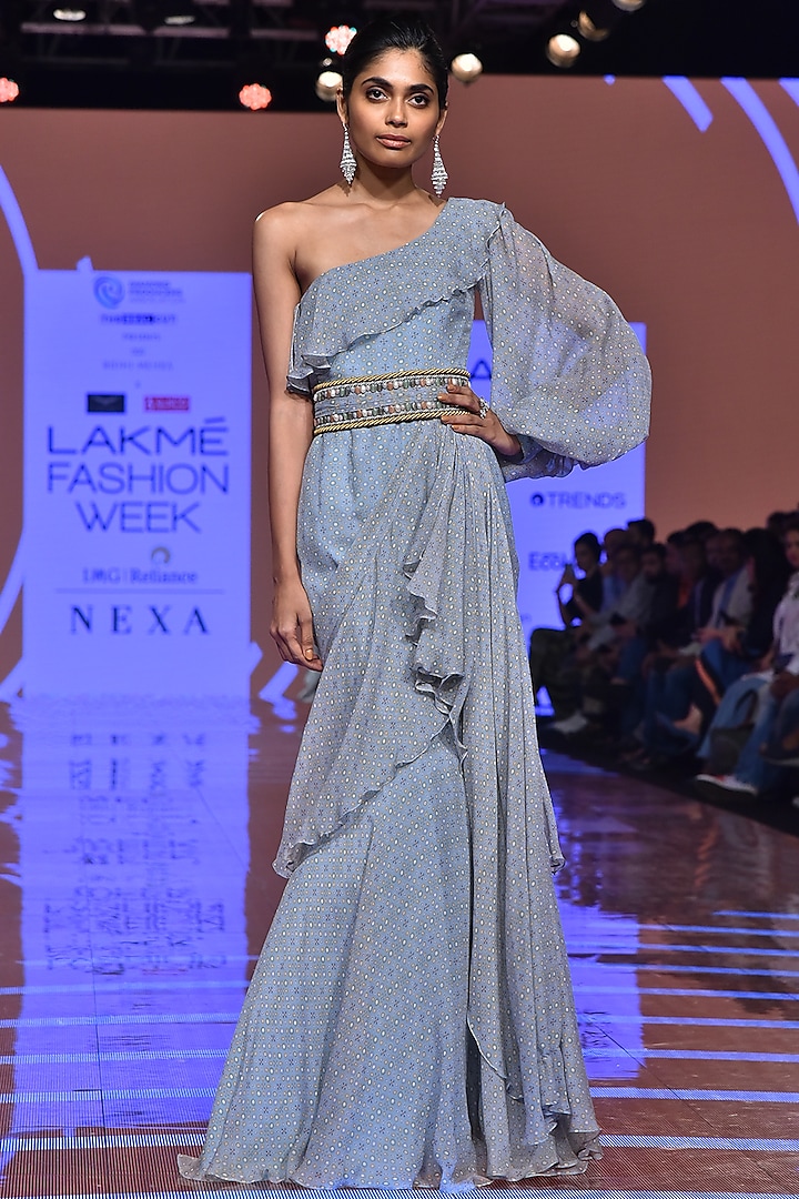 Powder Blue Printed Ruffled Dress With Embellished Belt by Ridhi Mehra