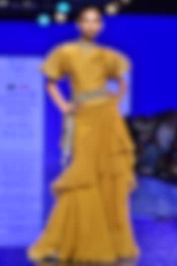 Mustard Shirt With Ruffled Skirt & Embellished Belt by Ridhi Mehra