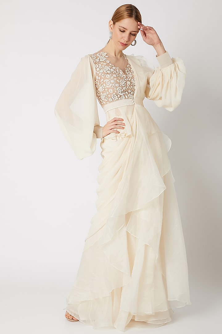 Ivory Embroidered Draped Ruffled Saree Set by Ridhi Mehra