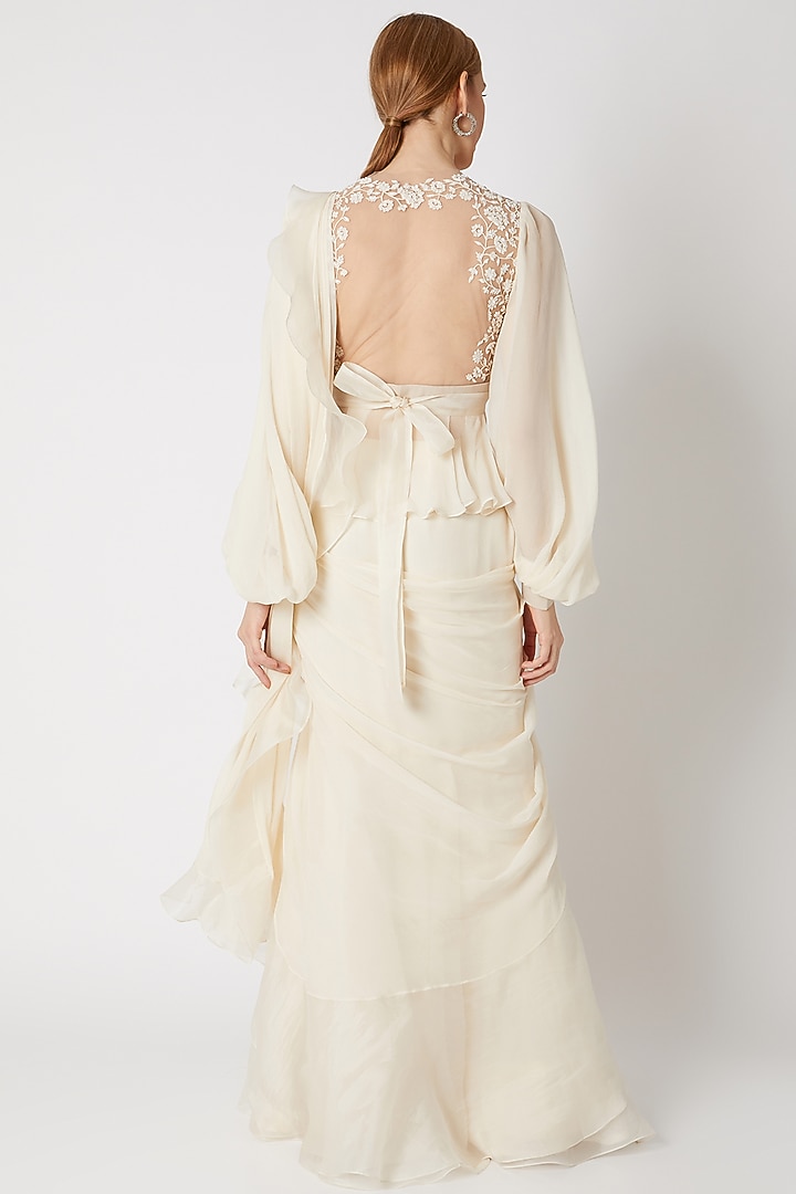 Ivory Embroidered Draped Ruffled Reception Saree Set by Ridhi Mehra at Pernia's Pop Up Shop