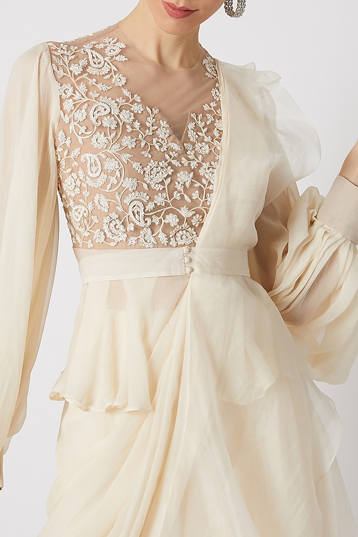 Ivory Embroidered Draped Ruffled Reception Saree Set by Ridhi Mehra at Pernia's Pop Up Shop