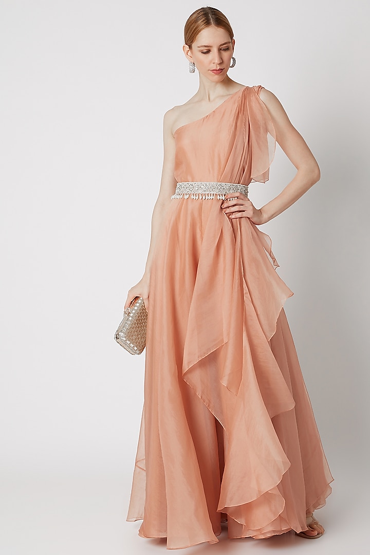Peach Draped Jumpsuit With Embroidered Belt by Ridhi Mehra