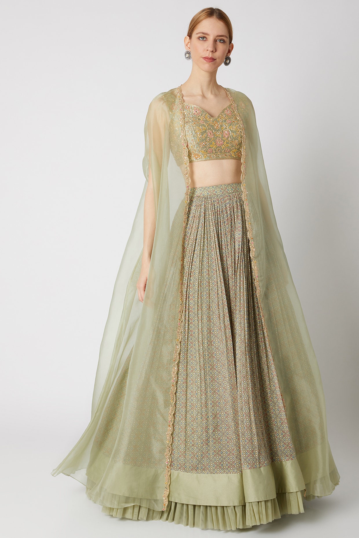 Metallic Structured Lehenga With Hand Embroiderd Cape Sleeve Blouse