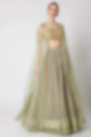 Olive Green Embroidered Blouse With Cape & Printed Wedding Lehenga by Ridhi Mehra at Pernia's Pop Up Shop