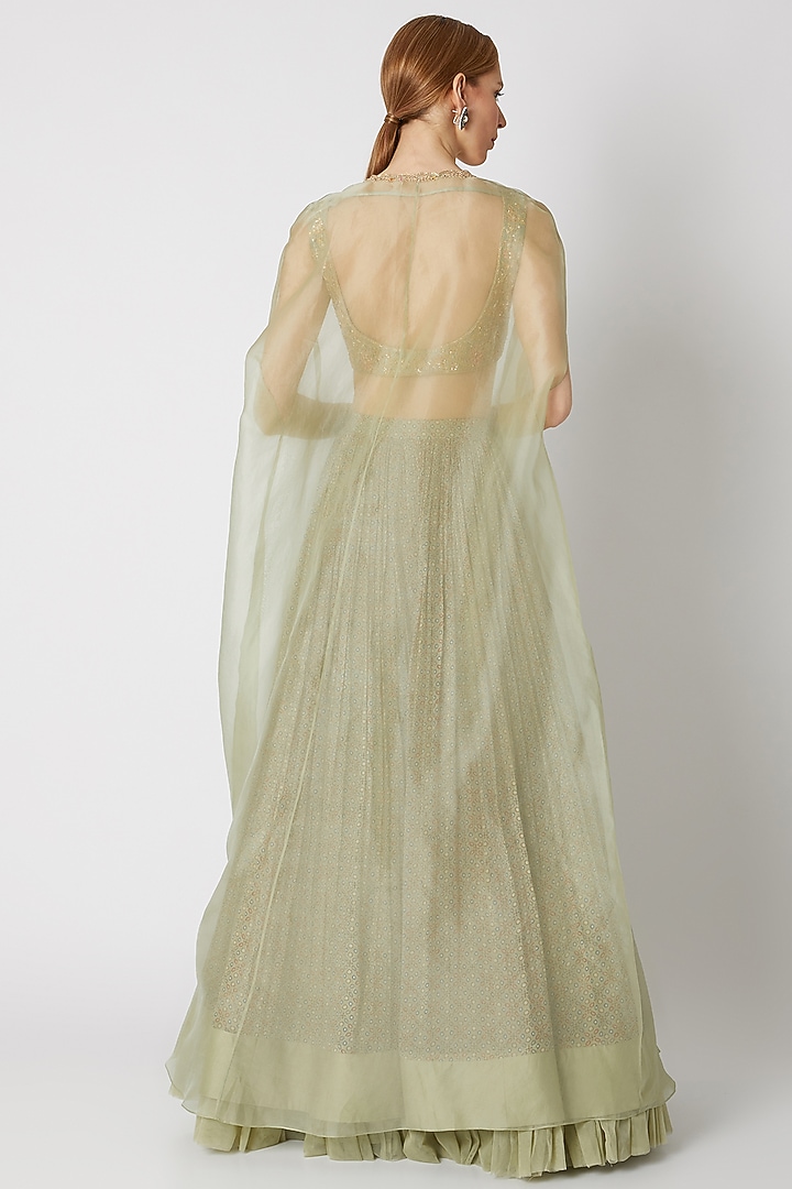 Olive Green Embroidered Blouse With Cape & Printed Wedding Lehenga by Ridhi Mehra at Pernia's Pop Up Shop