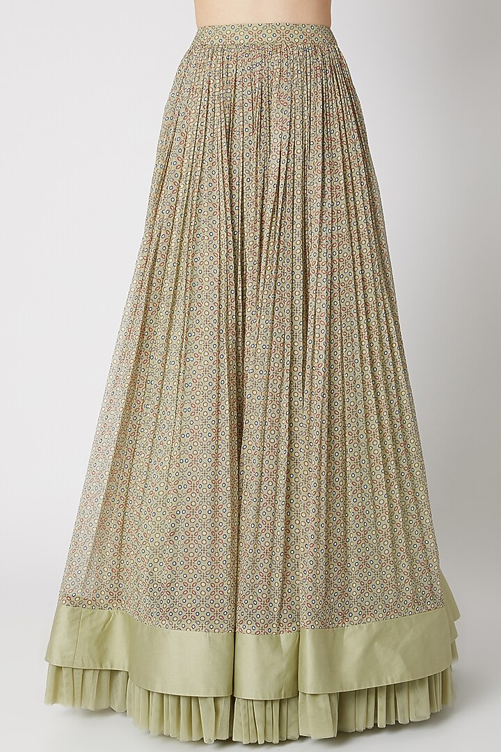 Olive Green Embroidered Blouse With Cape & Printed Wedding Lehenga by Ridhi Mehra at Pernia's Pop Up Shop