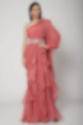 Pink Peplum Draped Wedding Saree With Embroidered Belt by Ridhi Mehra at Pernia's Pop Up Shop
