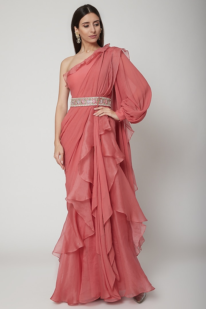 Pink Peplum Draped Wedding Saree With Embroidered Belt by Ridhi Mehra at Pernia's Pop Up Shop