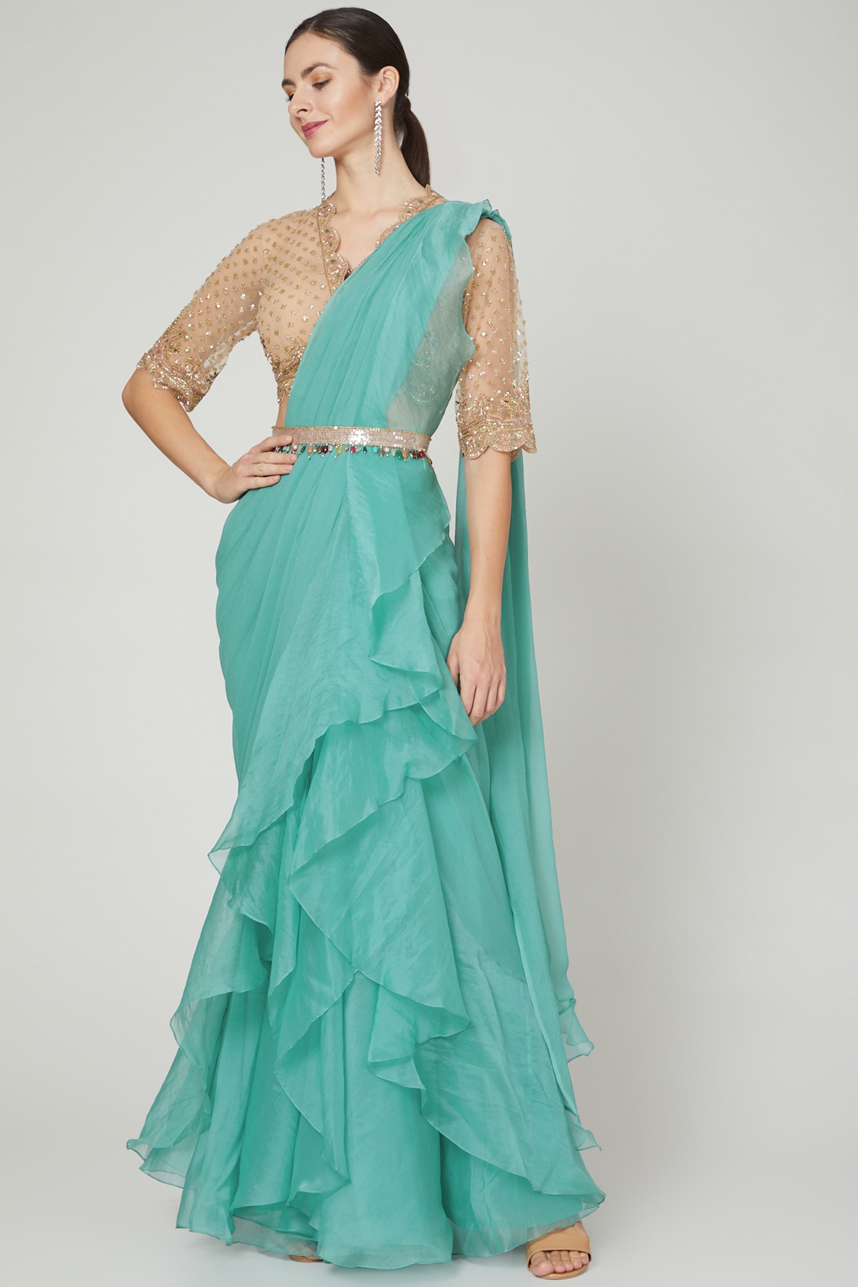 Teal \u0026 Champagne Ruffled Saree Set With 