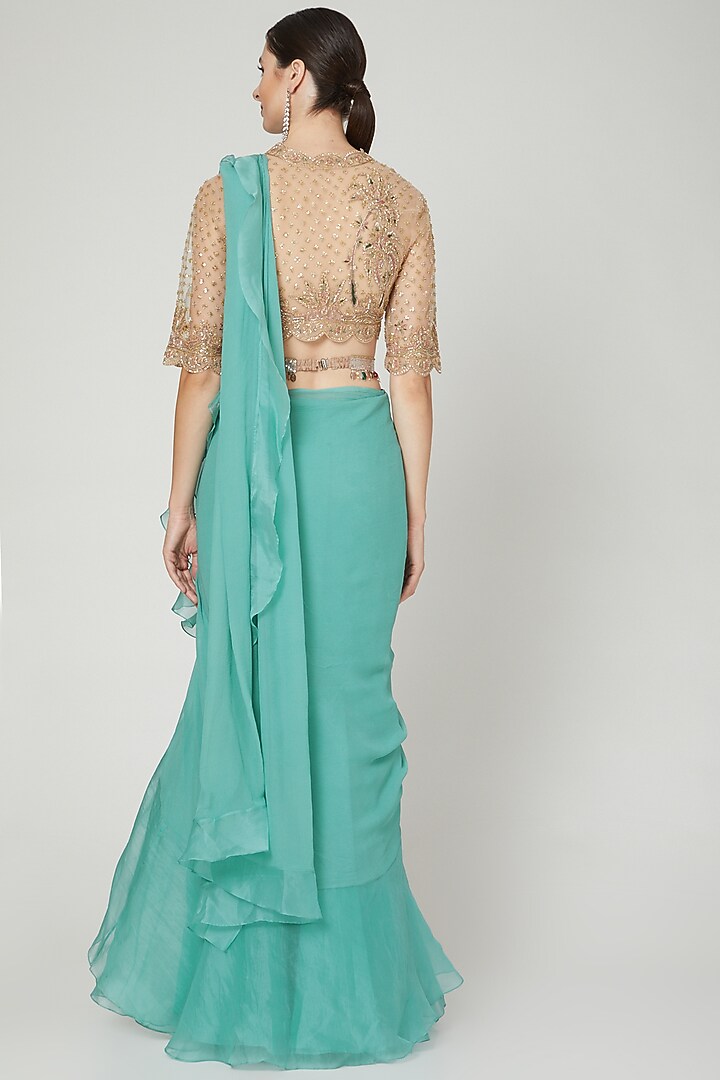 Teal Chiffon & Organza Ruffled Reception Saree Set With Belt by Ridhi Mehra at Pernia's Pop Up Shop