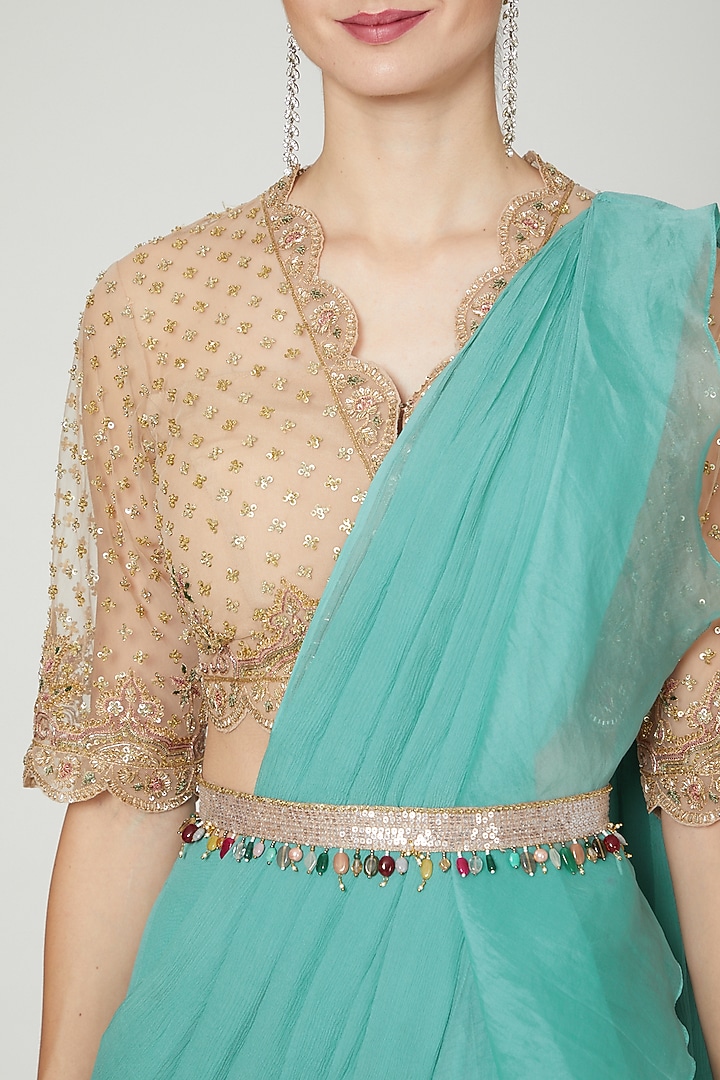 Teal Chiffon & Organza Ruffled Reception Saree Set With Belt by Ridhi Mehra at Pernia's Pop Up Shop