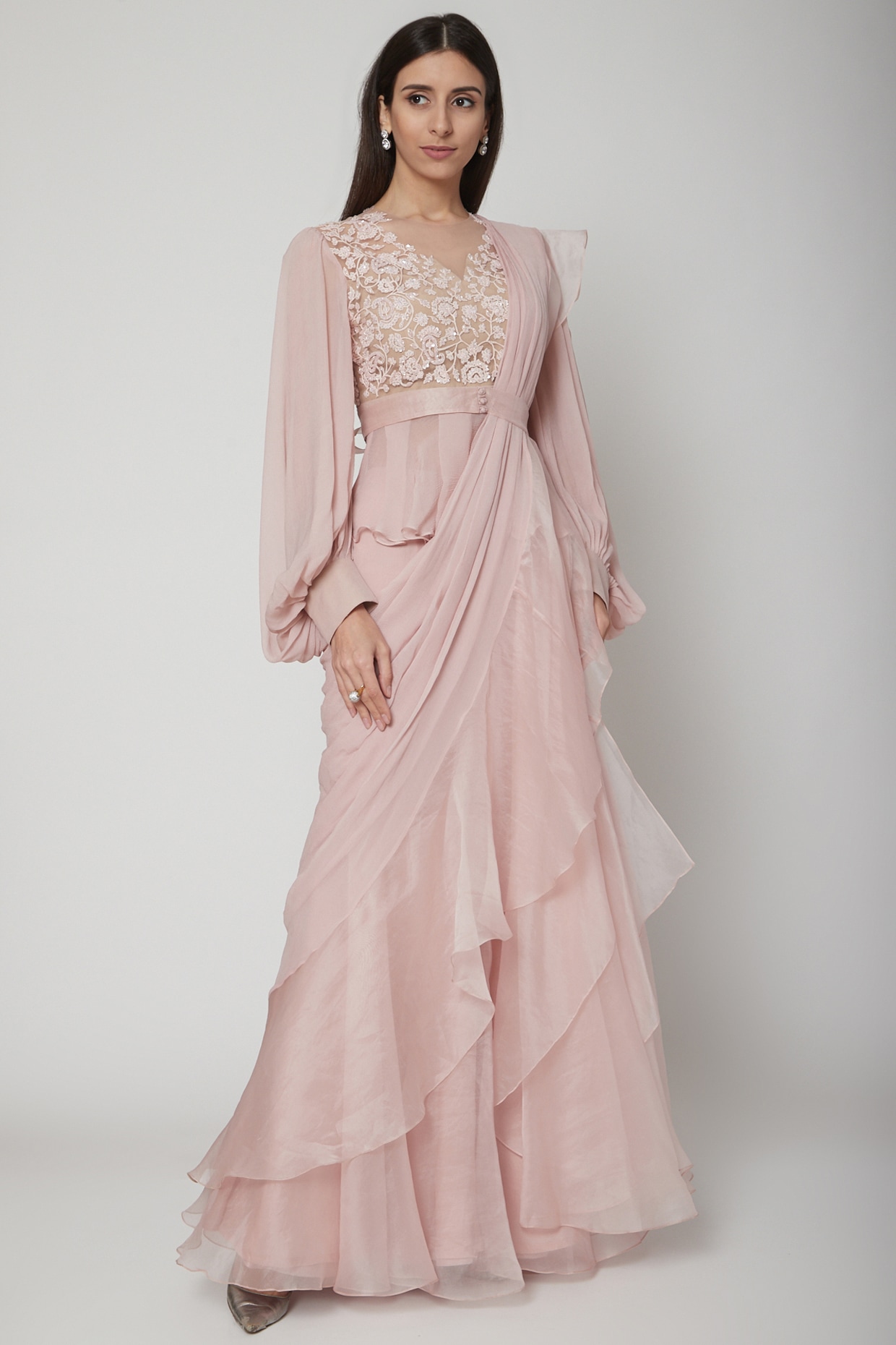 Blush Pink Embroidered Peplum Top With Ruffled Saree by Ridhi Mehra at Pernia s Pop Up Shop 2024