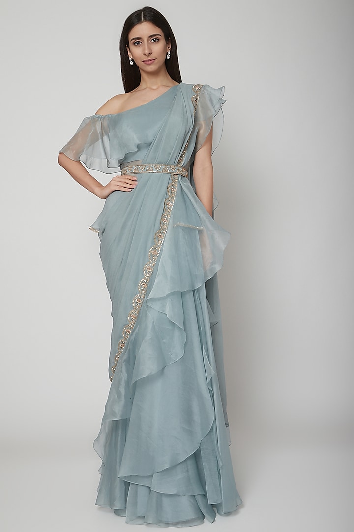 Powder Blue Organza Sequins Embroidered Draped Ruffled Saree Set by Ridhi Mehra