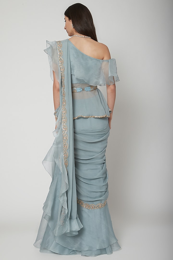 Powder Blue Organza Sequins Embroidered Draped Ruffled Reception Saree Set by Ridhi Mehra at Pernia's Pop Up Shop
