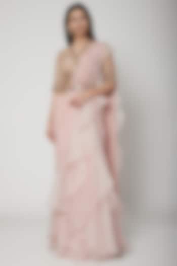 Blush Pink Chiffon & Organza Ruffle Draped Reception Saree Set  by Ridhi Mehra at Pernia's Pop Up Shop