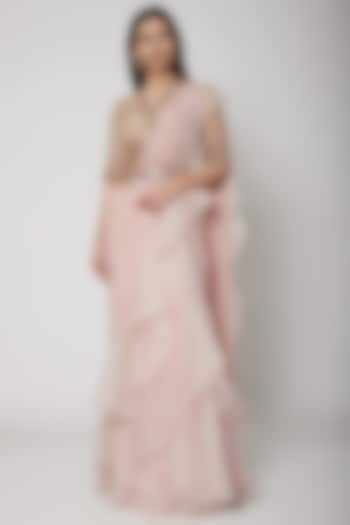 Blush Pink Chiffon & Organza Ruffle Draped Saree Set  by Ridhi Mehra