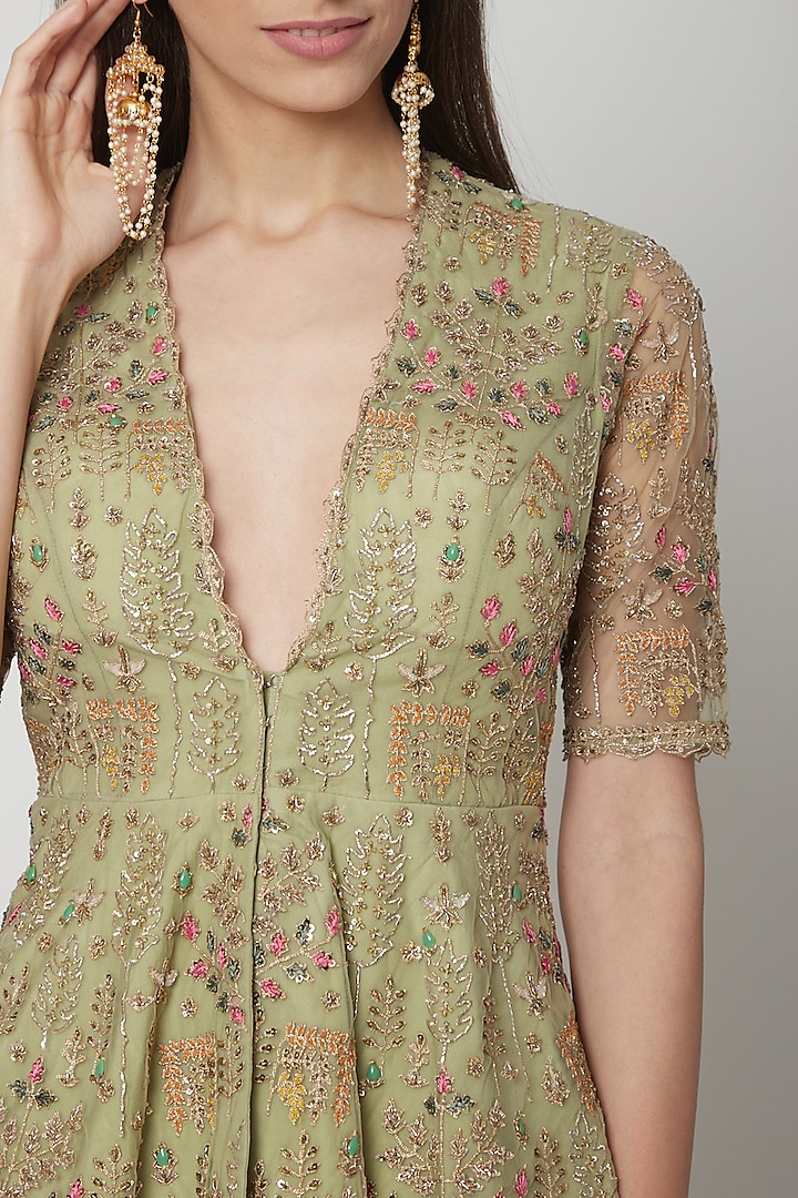 Olive Green Embroidered Peplum Top With Bridal Sharara Pants by Ridhi Mehra at Pernia's Pop Up Shop
