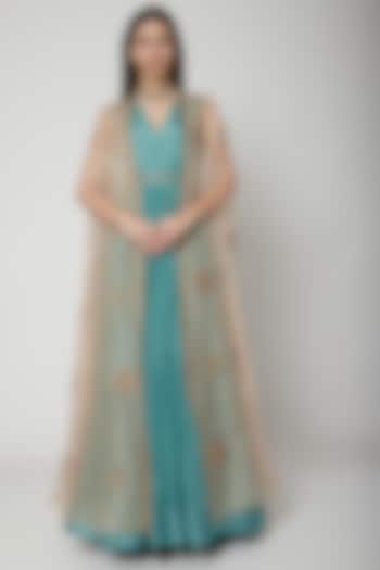 Turquoise Anarkali With Embroidered Cape by Ridhi Mehra