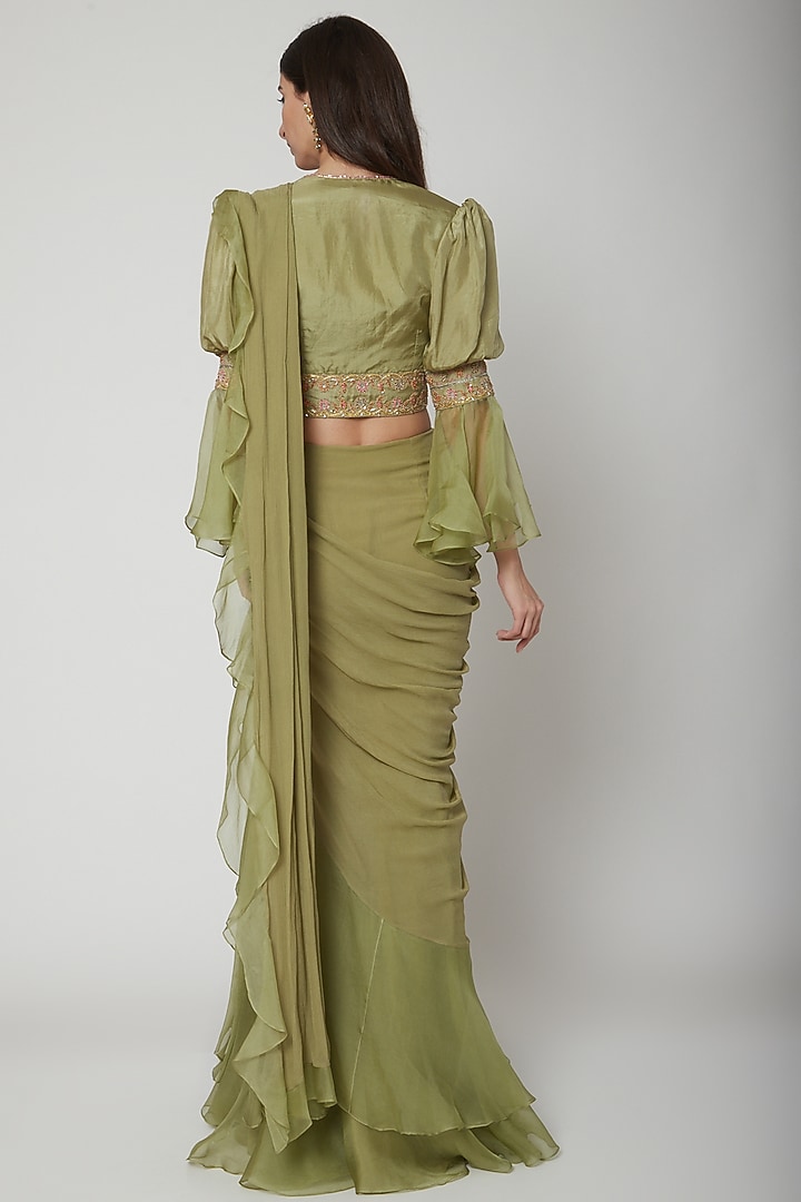 Olive Green Organza Embroidered Draped Wedding Saree Set by Ridhi Mehra at Pernia's Pop Up Shop