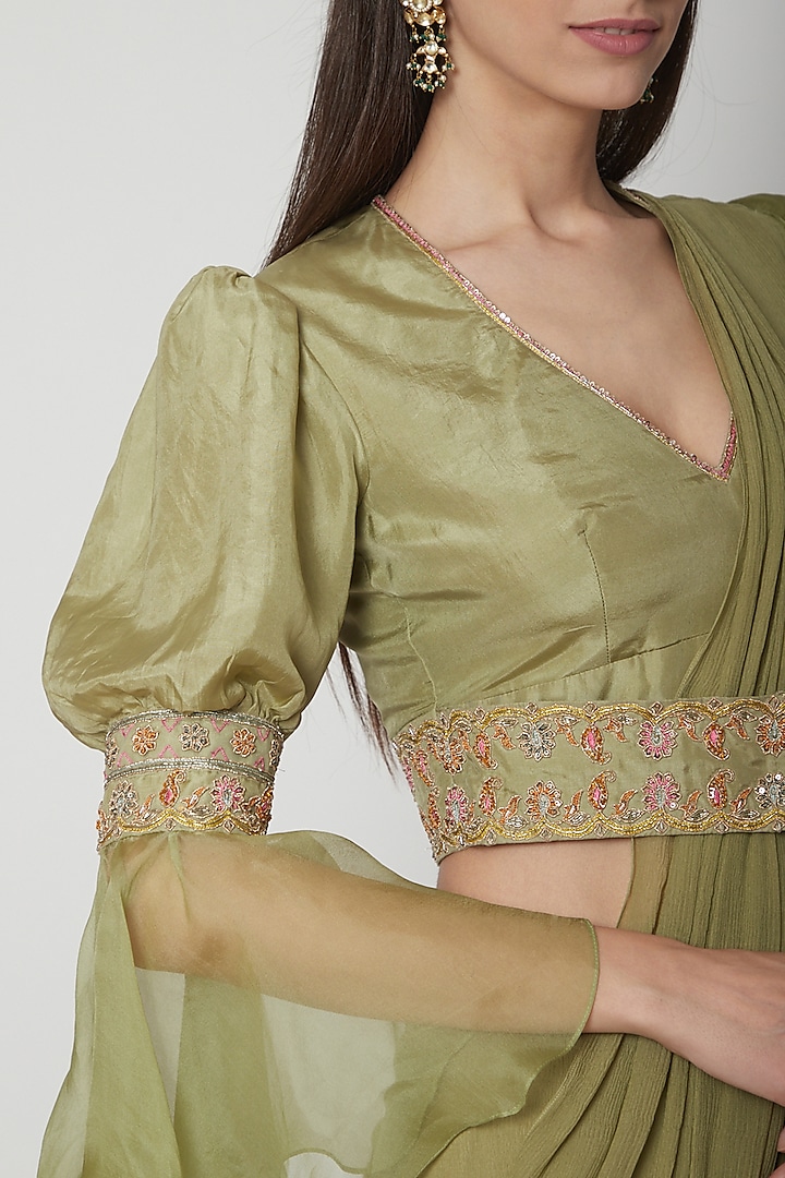 Olive Green Organza Embroidered Draped Wedding Saree Set by Ridhi Mehra at Pernia's Pop Up Shop