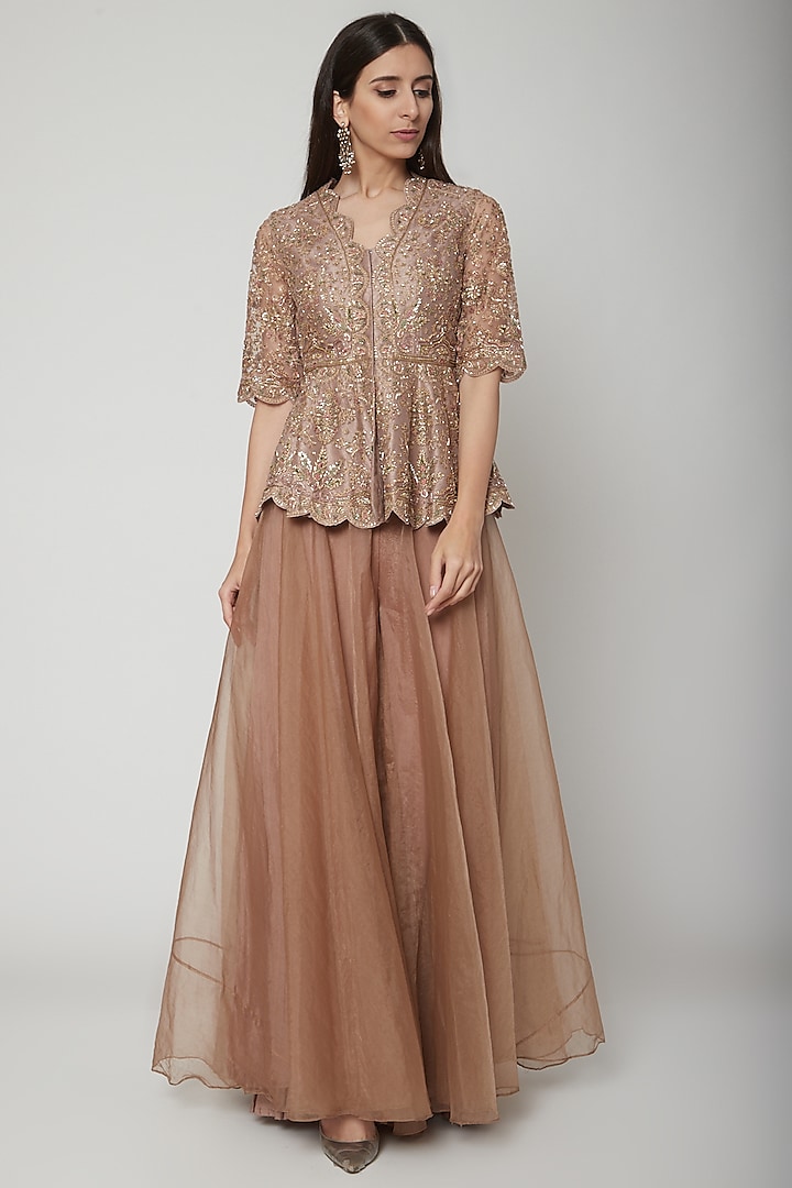 Champagne Gold Embroidered Peplum Top With Sharara Pants by Ridhi Mehra