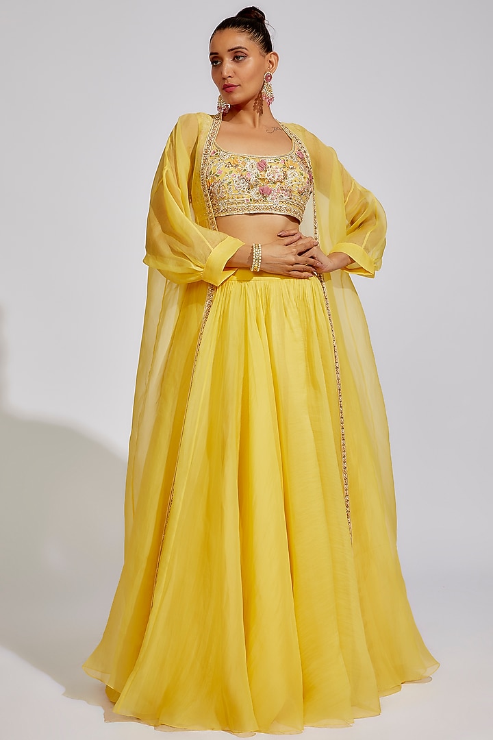 Primrose-Yellow Organza Jacket Wedding Lehenga Set by Ridhi Mehra at Pernia's Pop Up Shop