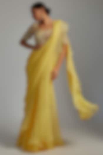 Yellow Chiffon Draped Ruffle Saree Set by Ridhi Mehra