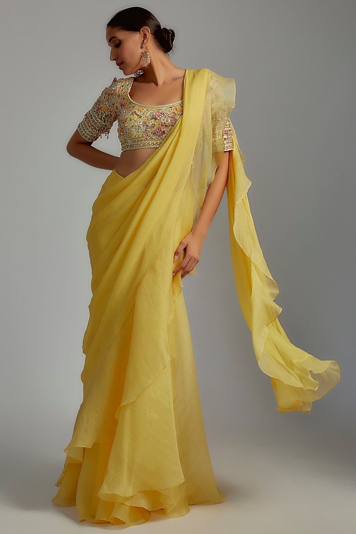 Yellow Chiffon Draped Ruffle Saree Set by Ridhi Mehra