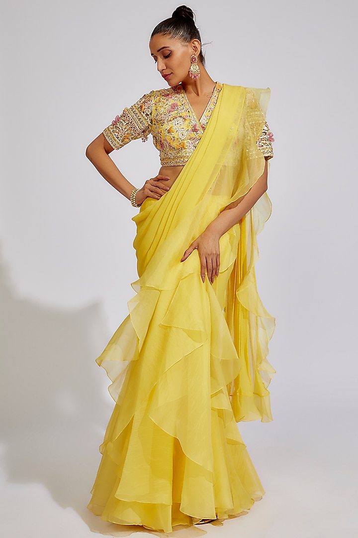 Primrose-Yellow Organza & Net Draped Saree Set Design by Ridhi Mehra at Pernia's  Pop Up Shop 2024