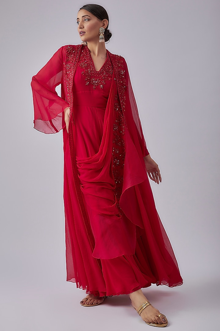 Red Organza Jumpsuit With Jacket by Ridhi Mehra