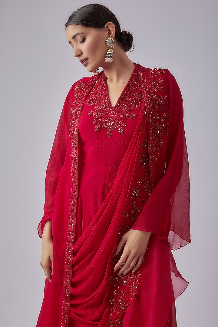 Red Organza Jumpsuit With Jacket by Ridhi Mehra at Pernia's Pop Up Shop