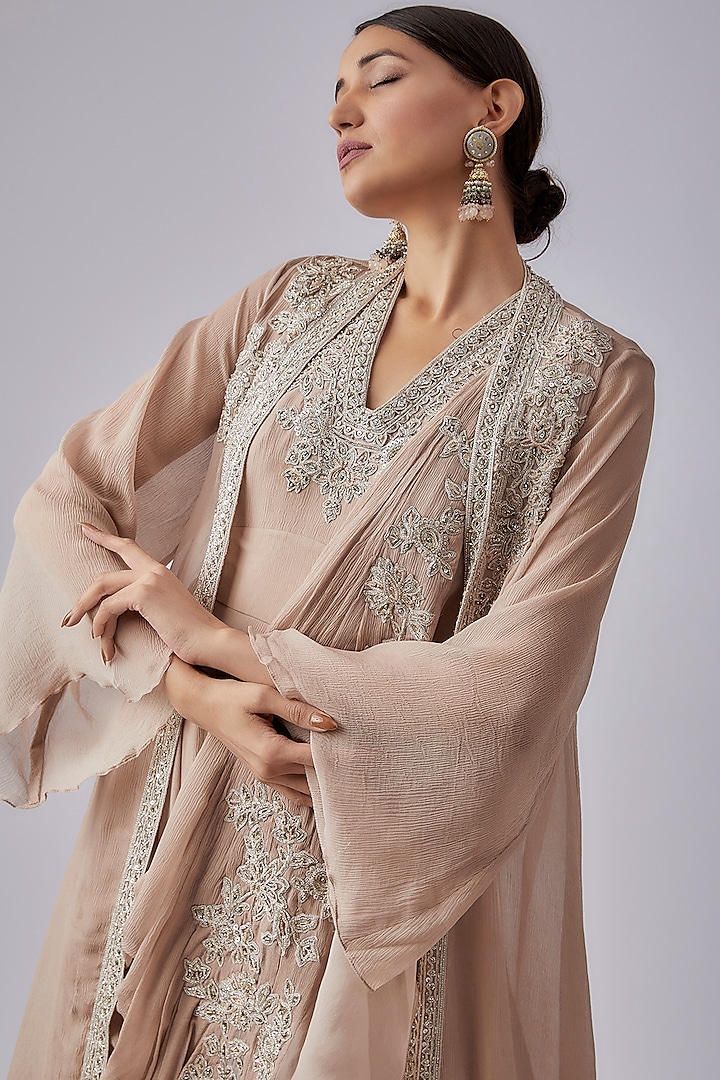 Champagne Organza Jumpsuit With Jacket by Ridhi Mehra at Pernia's Pop Up Shop