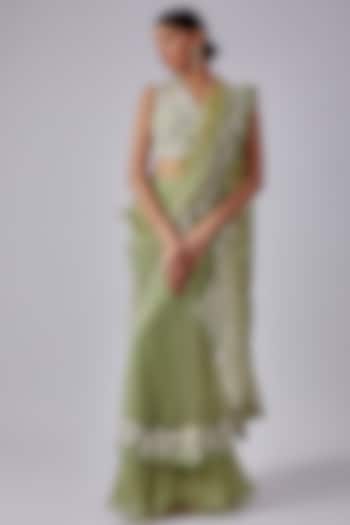 Mint Green Chiffon Organza Embroidered Draped Saree Set by Ridhi Mehra