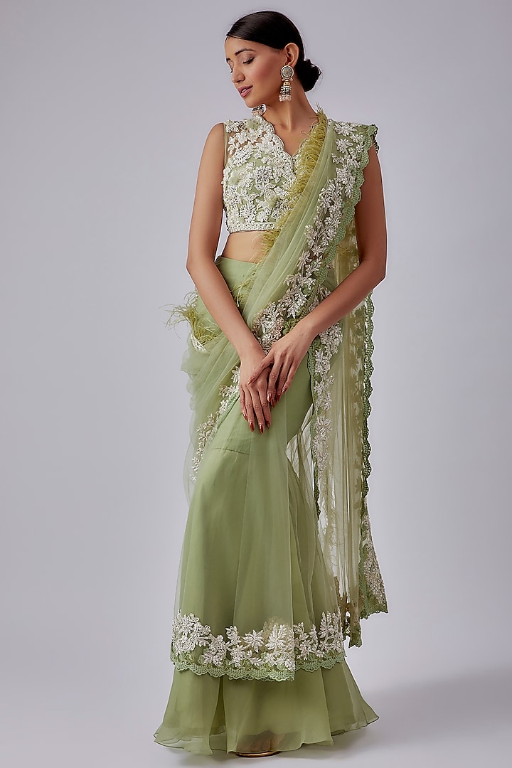 Mint Green Chiffon Organza Embroidered Draped Saree Set by Ridhi Mehra