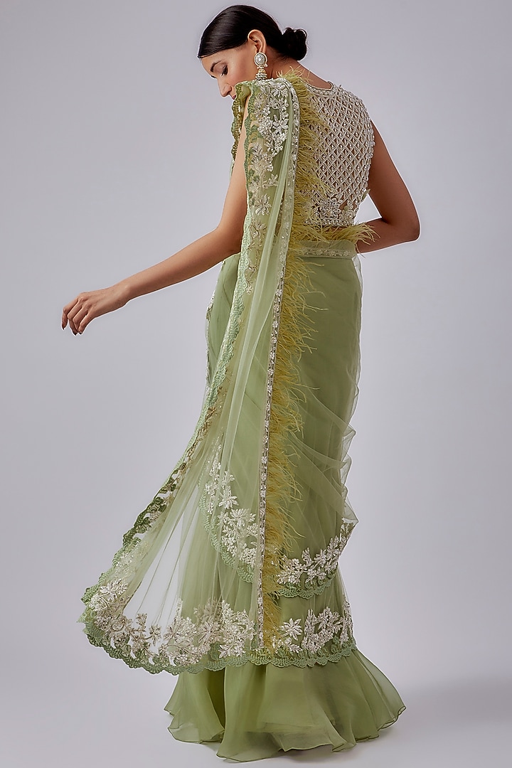 Mint Green Chiffon Organza Embroidered Draped Bridal Saree Set by Ridhi Mehra at Pernia's Pop Up Shop
