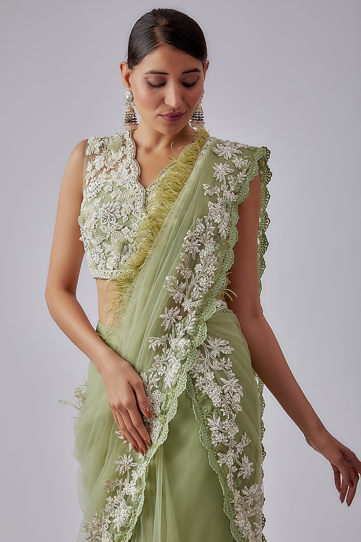 Mint Green Chiffon Organza Embroidered Draped Bridal Saree Set by Ridhi Mehra at Pernia's Pop Up Shop